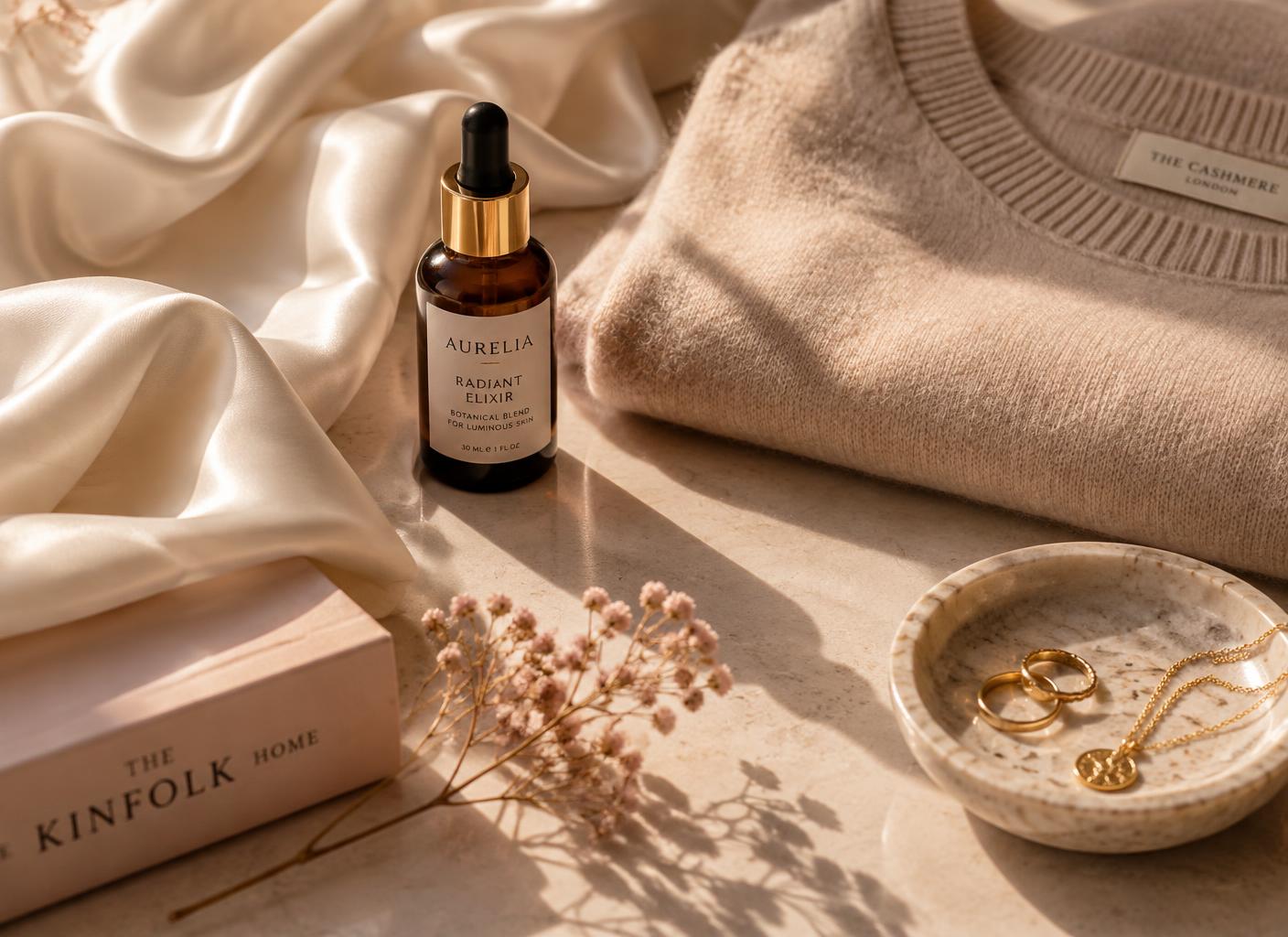 Silk fabric, a cashmere jumper, a serum bottle and gold jewellery in warm morning light